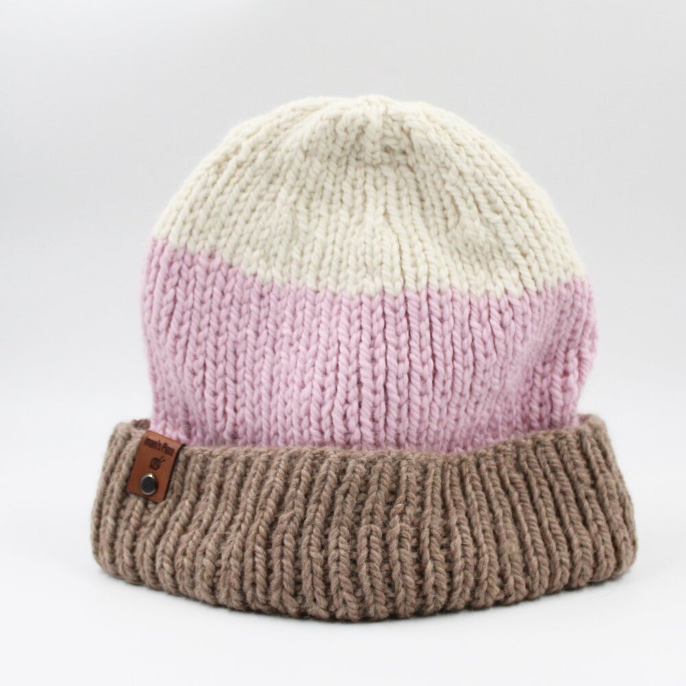 Handmade Hand Knit Beige Pink Off White Wool Alpaca Chunky Ribbed Knit Beanie